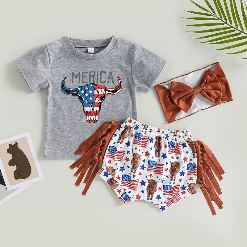 Wholesale Cotton 2023 Independence Day Bull Head T-Shirt Tassel Shorts Set